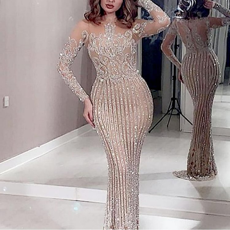 Women's Sexy Gilded Long Sleeve Prom Dress