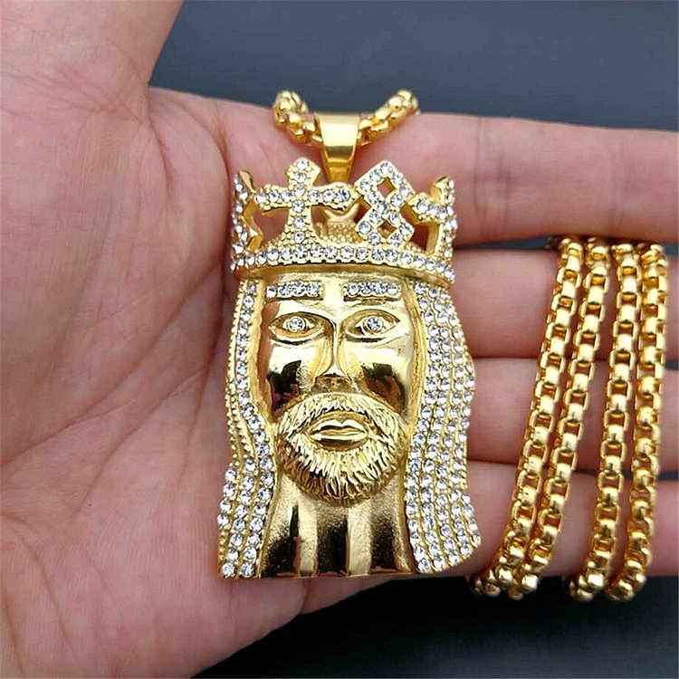 Hip Hop Iced Out Rhinestone Big Jesus Head Pendant Gold Necklace Jewelry