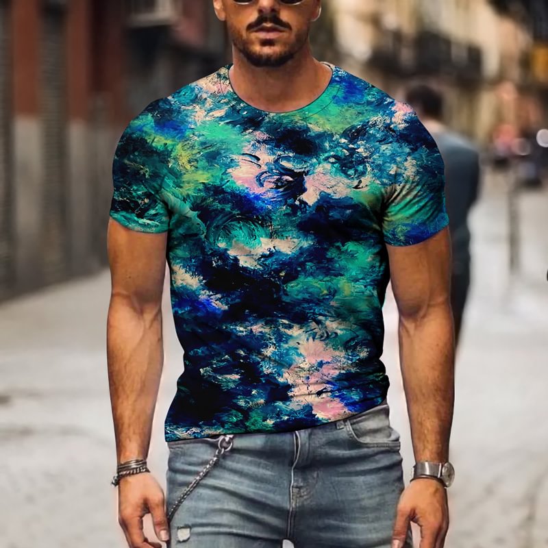 Watercolor Pigment Printing Summer Short Sleeve Colorful Men's T-Shirts-VESSFUL