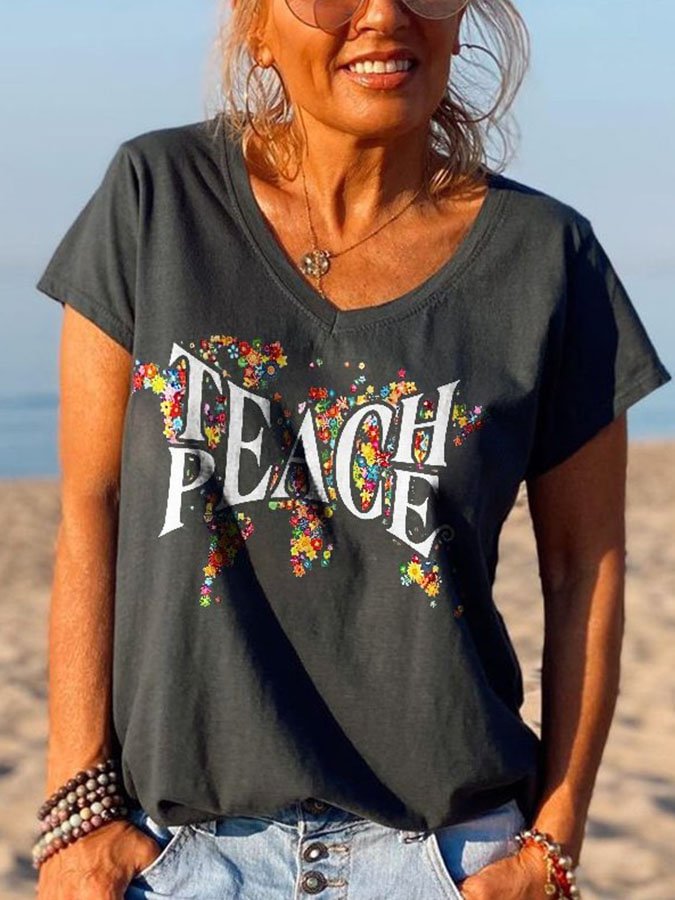 Peace special print V-neck T-shirt