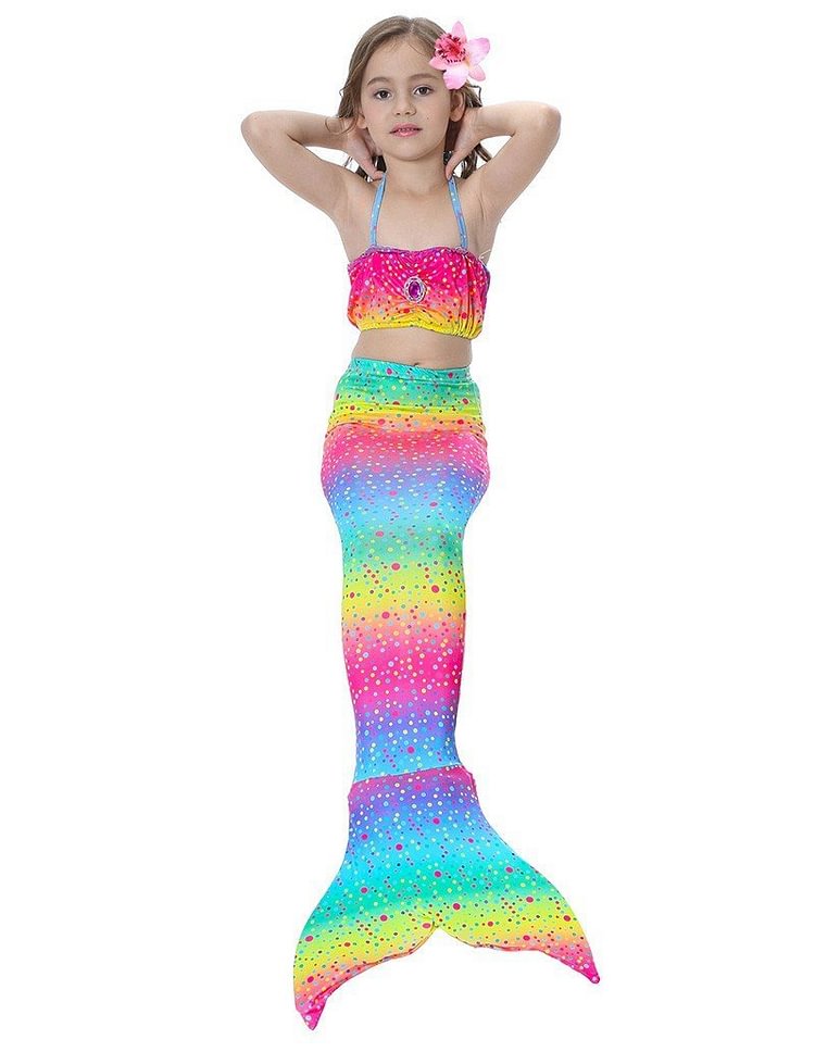 Girls Rainbow Polka Dot Print Mermaid Swimsuit Kid Halloween Costume-Mayoulove