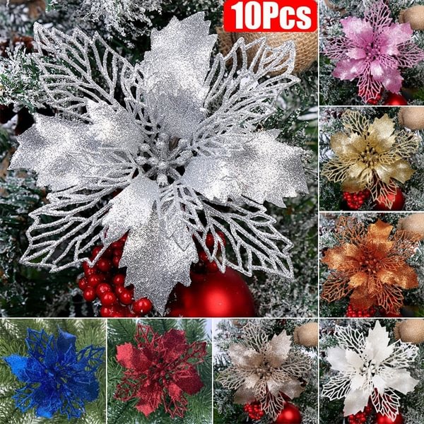 1/5/10Pcs Artificial Christmas Flowers Glitter Fake Flowers Merry Christmas Tree Decorations Gift Xmas Ornament