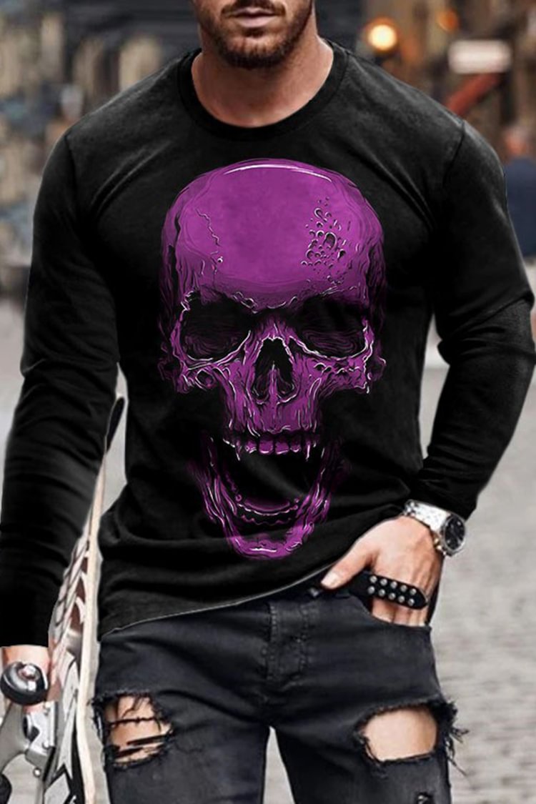 Tiboyz Men's Skull Pattern Casual Long Sleeve T-Shirt
