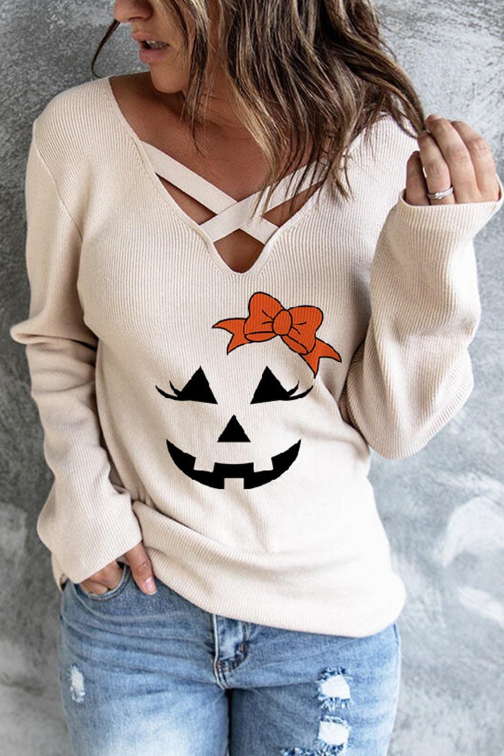 Women's Pullovers Halloween Face Print Criss Cross Pullover