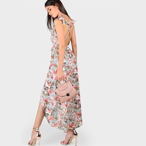 V-Neck Crisscross Backless Floral Rose Print Wrap Belted Boho Beach Maxi Dress-Corachic