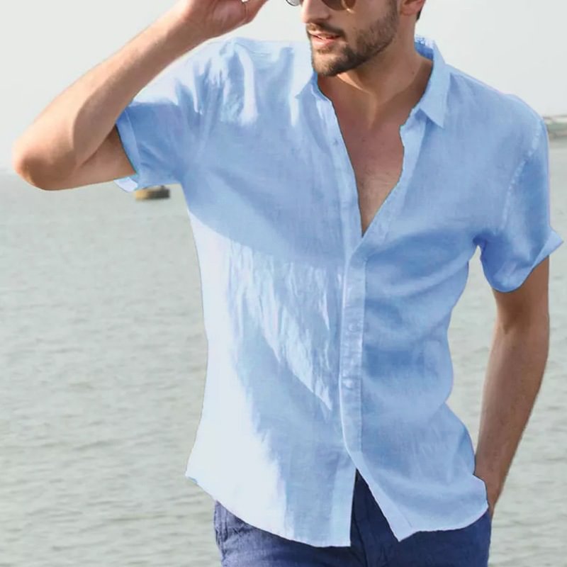 Summer Solid Casual Beach Short Sleeve Men Shirts-VESSFUL