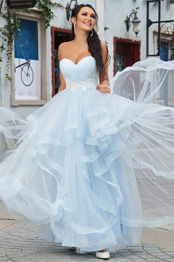 Luluslly Baby Blue Sweetheart Tulle Prom Dress Long With Applique