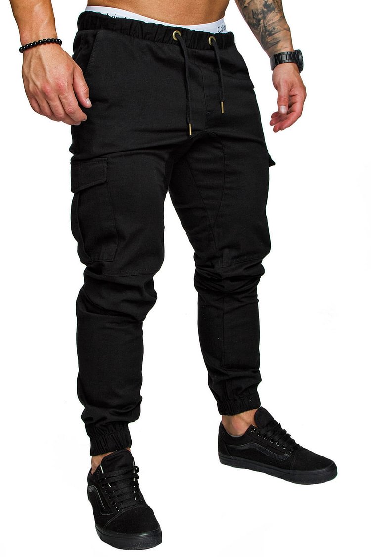 BrosWear Solid Color Drawstring Side Pocket Cargo Pants black