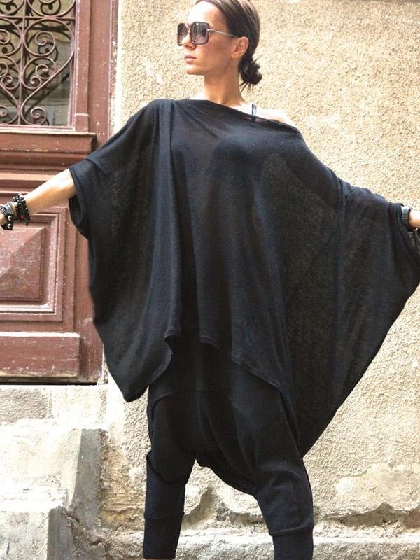 Loose Black Batwing Sleeves High-low T-shirt Tops