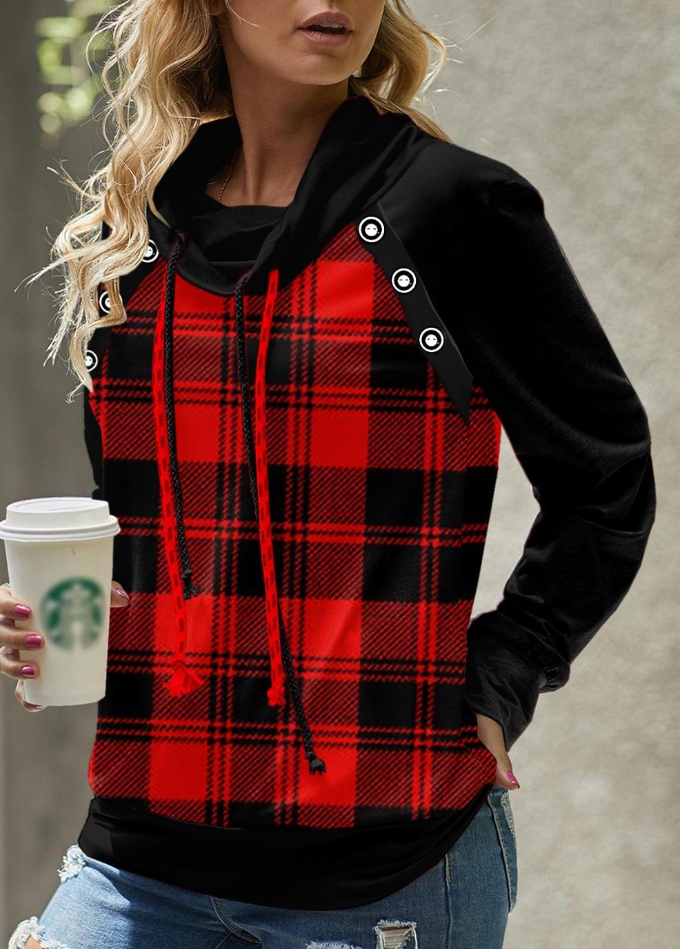 Red Plaid Printed Casual Pullover ​Sweatshirt