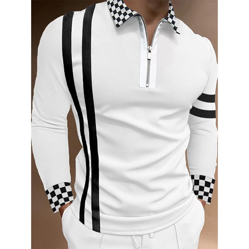 Tiboyz Men's Long-Sleeved Lapel Striped Plaid Casual Polo Shirt White