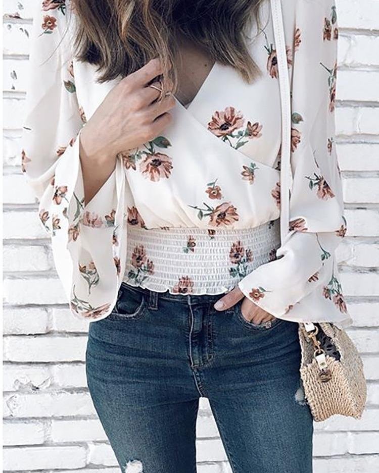 Floral Flared Sleeve Shirring Wrap Blouse P11807
