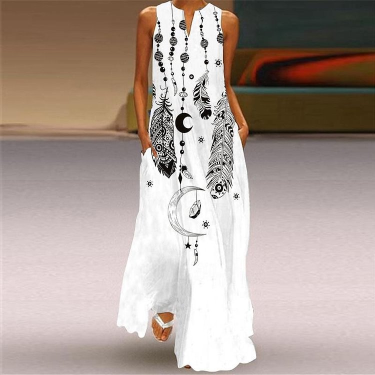Digital Printing V-neck Sleeveless Long Dress-Mayoulove