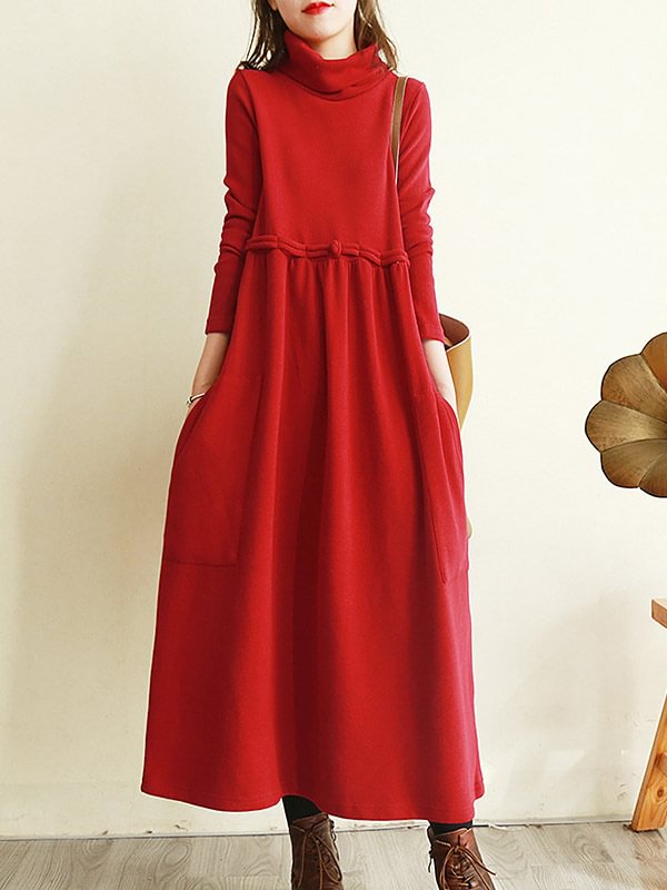 Vintage Solid Color Split-Joint Loose High-Neck Midi Dress