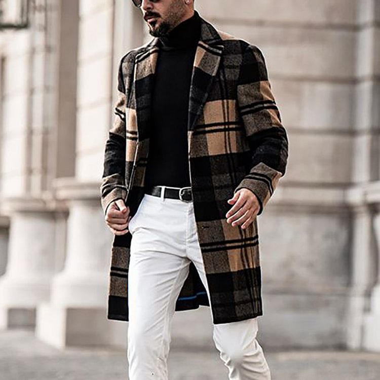 BrosWear Simple Style Printed Plaid Wool Casual Mid Length Men's Coat Black 