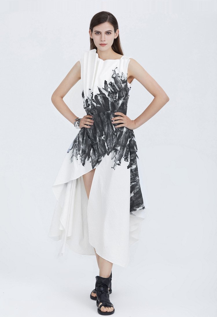 SDEER Irregular collar three-dimensional cut printed dress