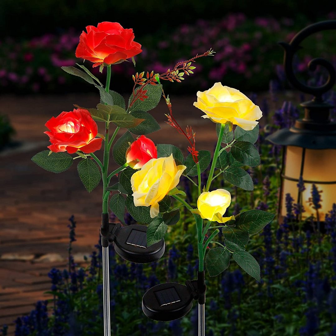 2 Pack Solar Garden Stake Lights, Outdoor Solar Rose Flower Lights with 6 Rose Flowers, (Red & Yellow)、、sdecorshop