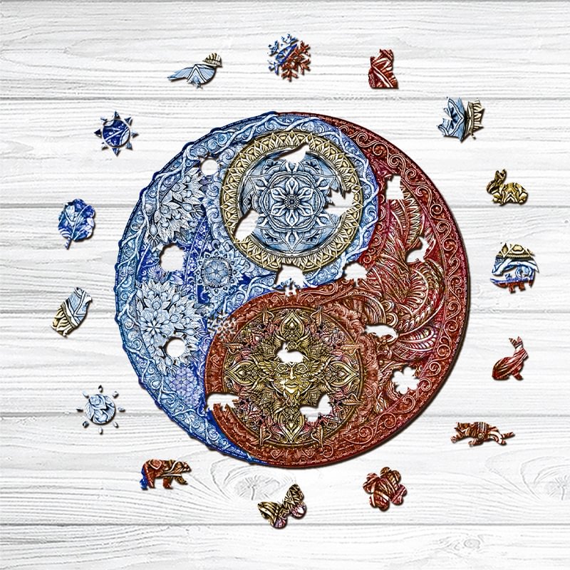YIN YANG-Blue & Red Tai Chi Mandala Wooden Puzzle-Ainnpuzzle