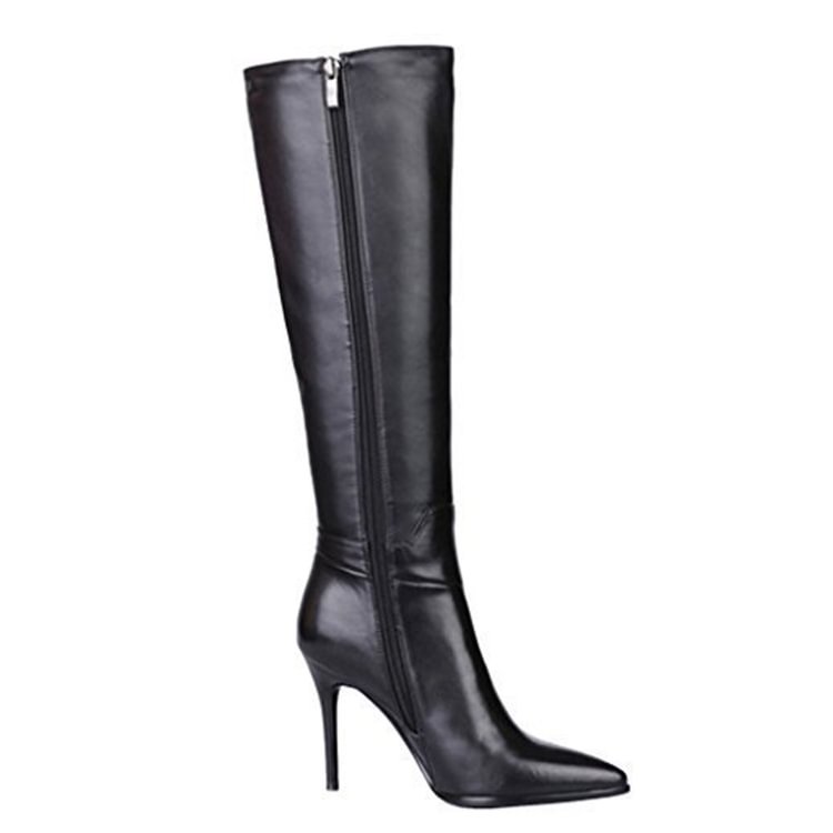 9.5cm Zipper Leather Mid Heels Knee Boots Black