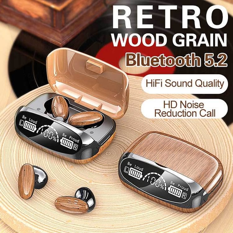 Vintage Wood Grain Wireless Bluetooth Earbuds HiFi HD Stereo
