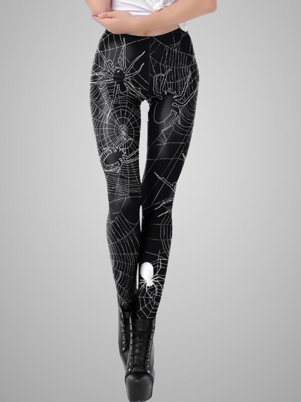 Gothic Dark  Casual Color Block 3D Printed Spider Net High Rise Slim Leggings