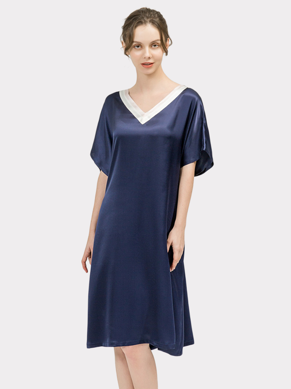 Neat Neckline Solid Silk Nightgown