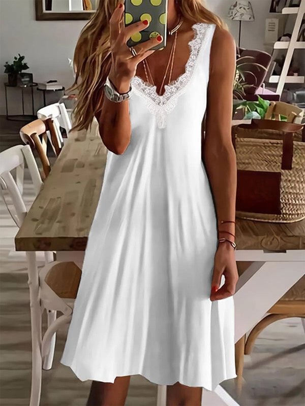 Casual Solid Color V Neck Sleeveless Lace Short Dress