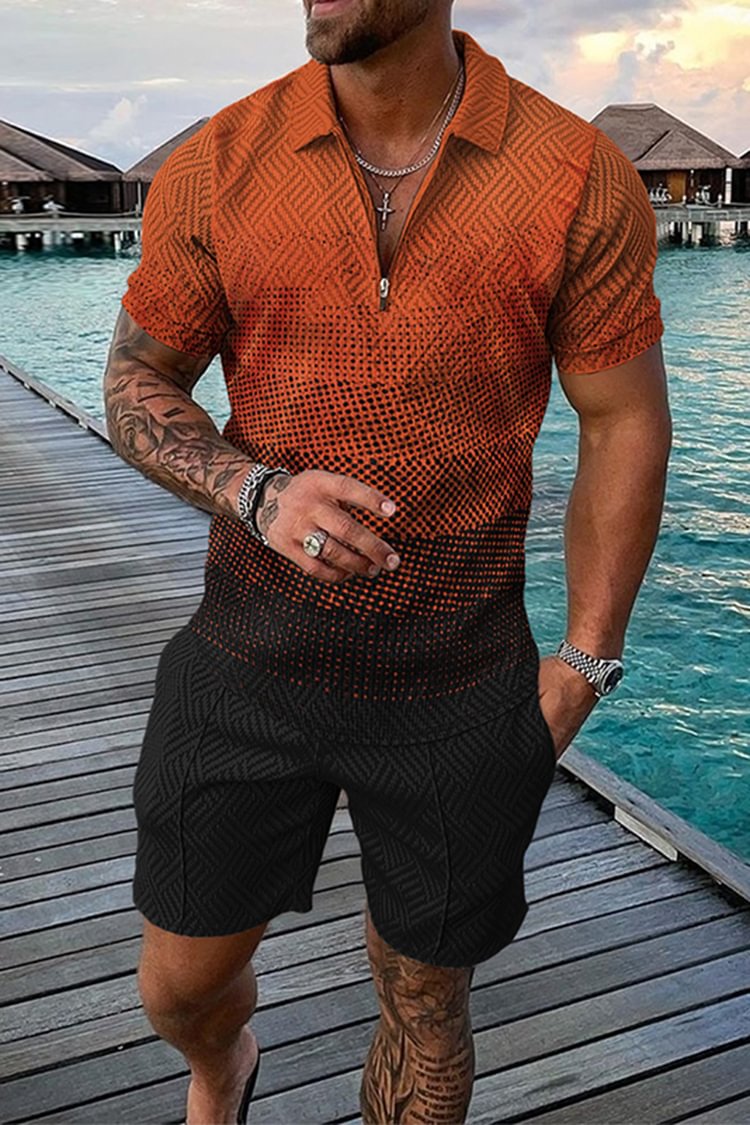Tiboyz Fashion Men's Colorblock Short Sleeve Polo Shirt Set