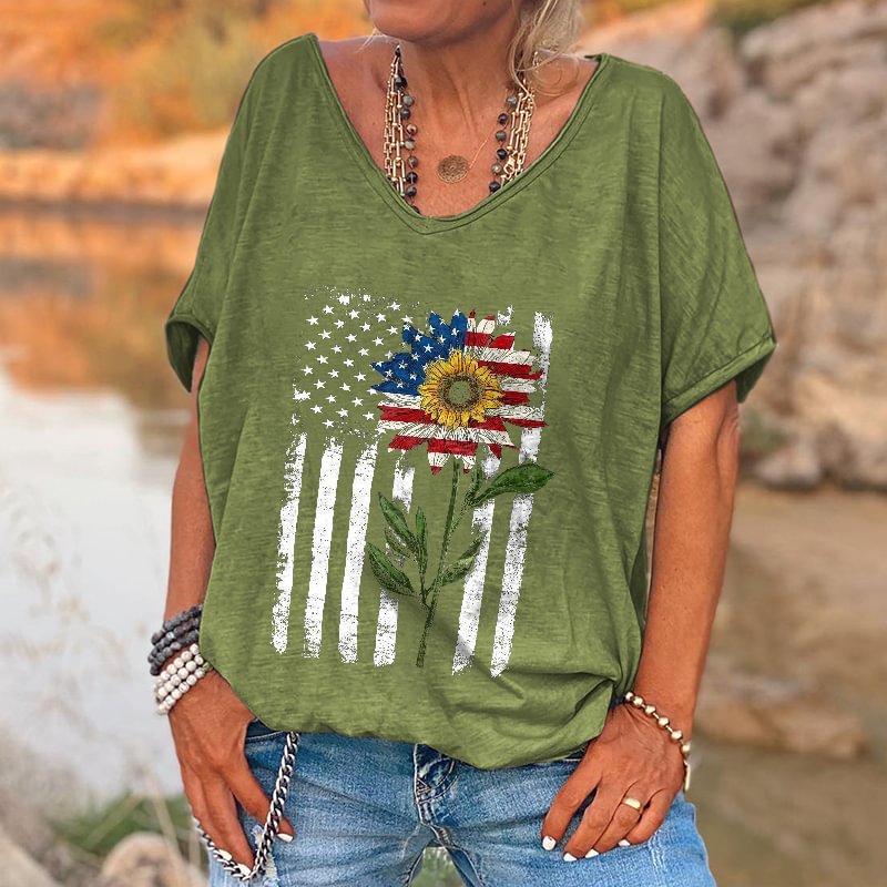American Flag Sunflower Printed Hippie T-shirt