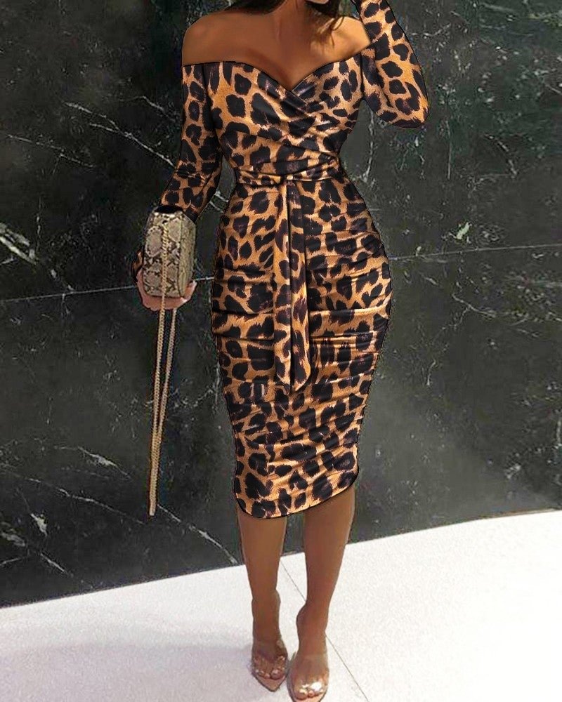 Leopard Print Off Shoulder Ruched Bodycon Dress-Corachic