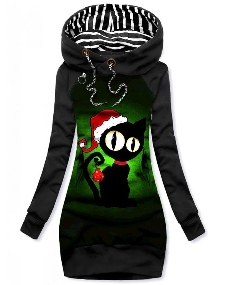 Christmas Black Cat Print Hooded Long Top