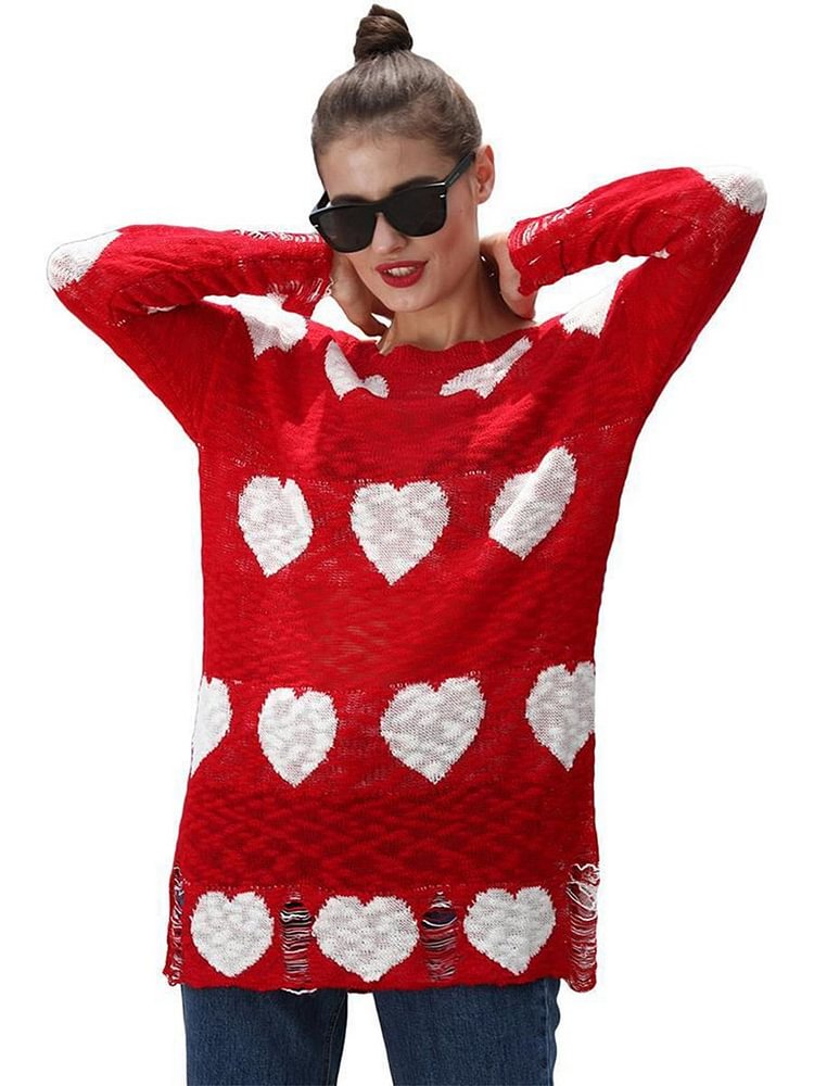 Mayoulove Casual Print Jumper Long Sleeve Round Neck Knitted Sweater-Mayoulove