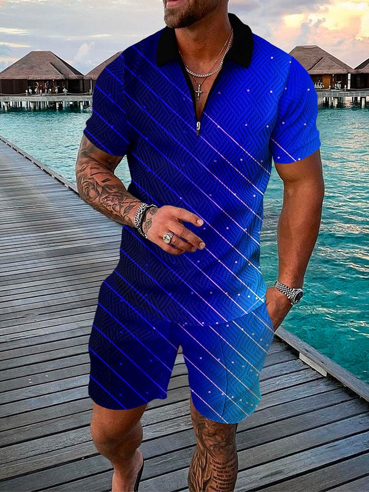 Men's Seaside Casual Blue Gradient Printing Polo Suit