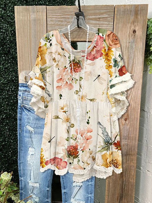 Loose Floral Print Ruffled Pleated T-Shirt