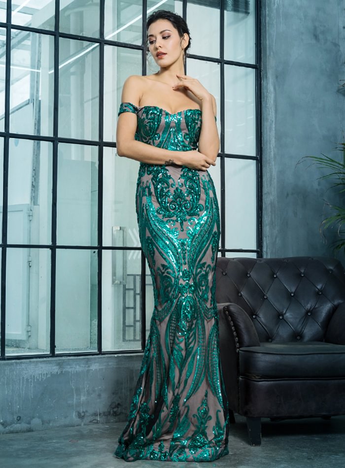 green off-the-shoulder sequins mermaid prom dress