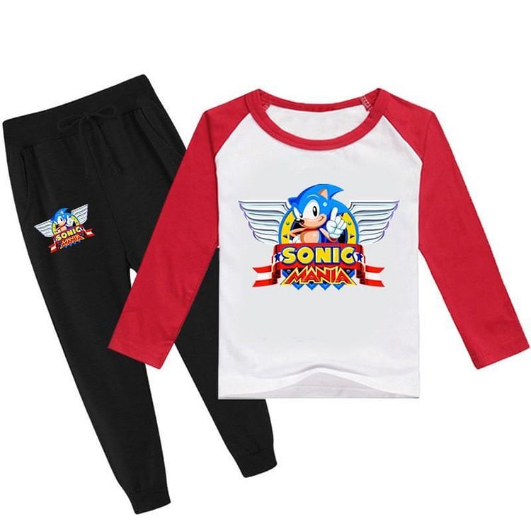 Boys Girls Sonic Mania Print Long Sleeve Cotton T Shirt N Pants 2 Sets-Mayoulove