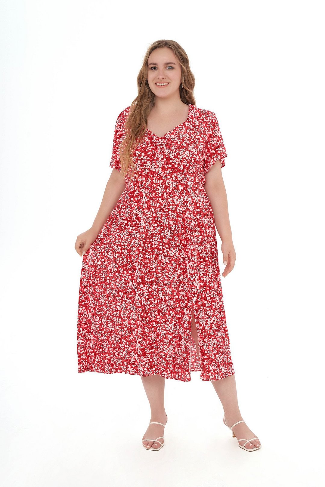 Floral Print Short-sleeved Side-slit Midi Dress P11922