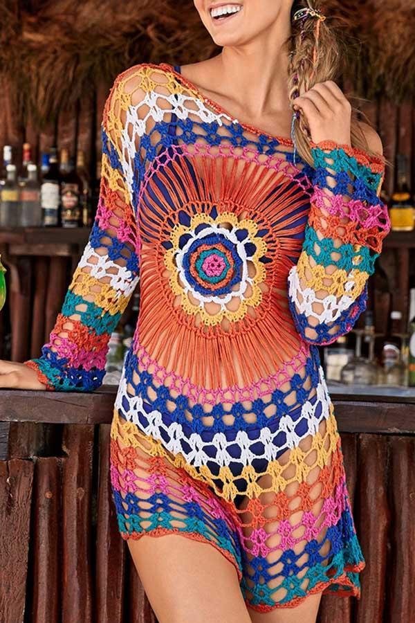 Women Crocheted Rainbow Beach Knit Blouse-Allyzone-Allyzone