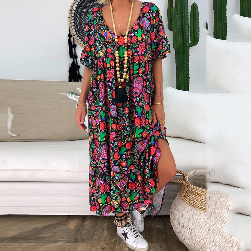New Style Ruffled-sleeve Flower Printed Pleated Design Loose Long Dress