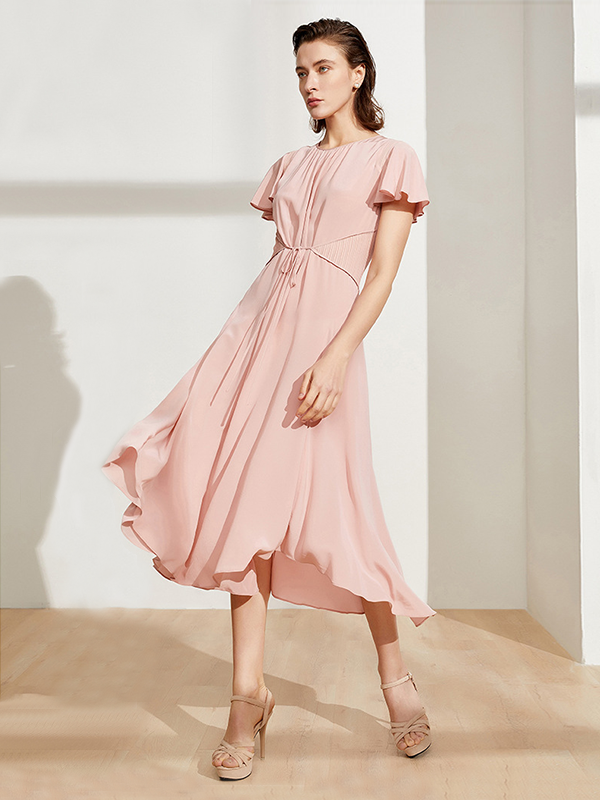 Solid Stitching Waist Silk Dress Pink