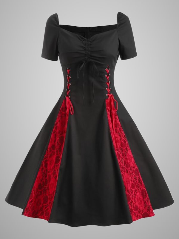 Gothic Dark Vintage Lace Paneled Ruched Gathered Short Balloon Sleeve Square Neck Swing Dress