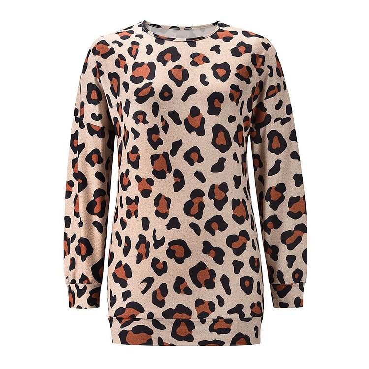 Mayoulove Women's Blouse Leopard Long Sleeve Round Neck Loose Knitted Sweater-Mayoulove