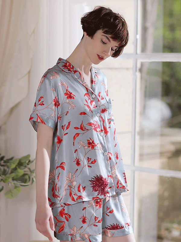 High Quality Short Sweet Flora Silk Pajamas Set For Women