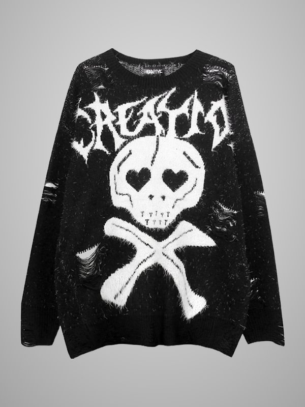 Gothic Dark Youth Hip-pop Style Skull& Letter Intarsia Crew Collar Long Sleeve Oversize Knitted Sweater