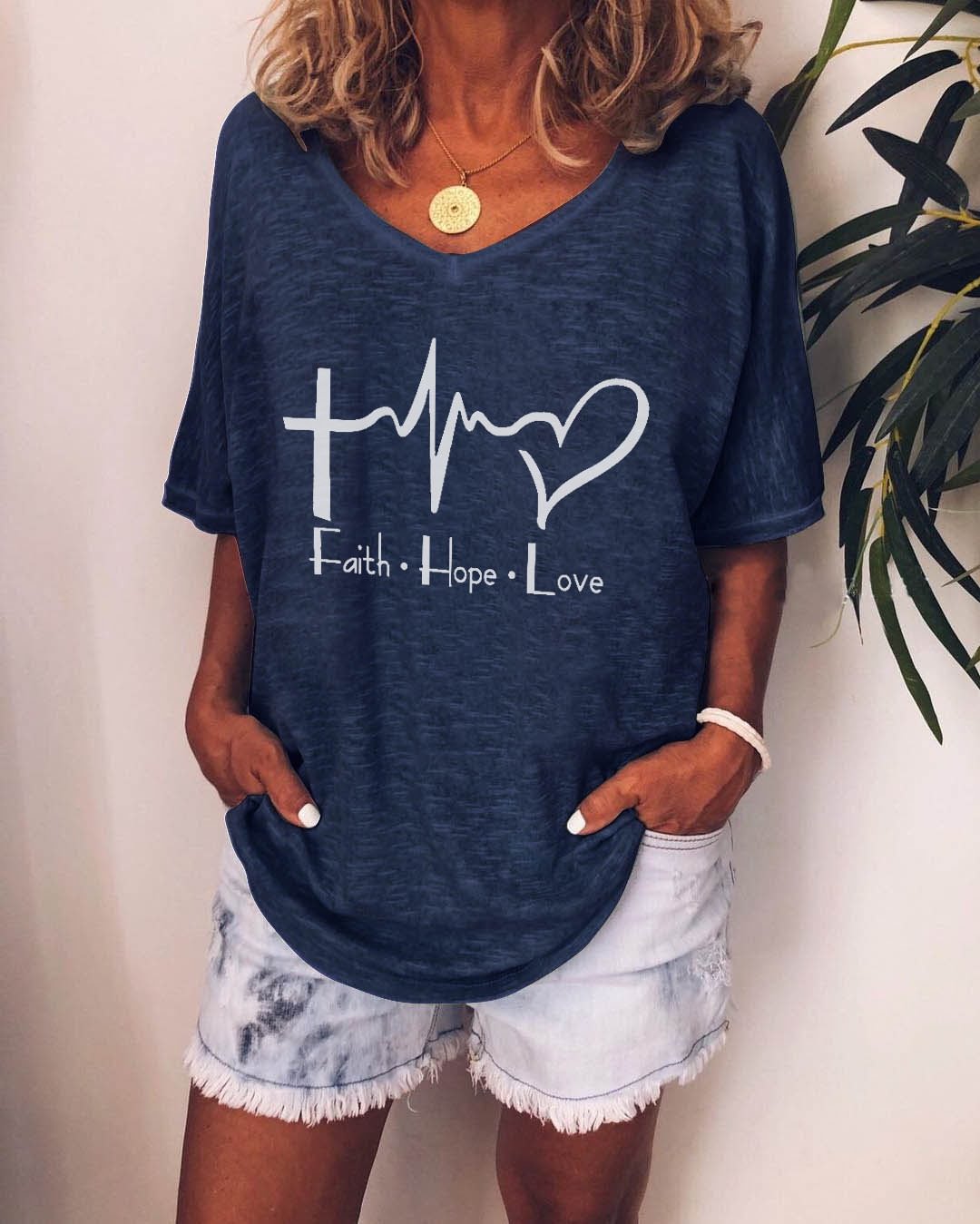Faith Hope Love Printed Women's Loose T-shirt