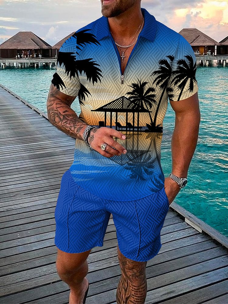 Men's Vacation Palm Tree Reflection Printed Polo Suit