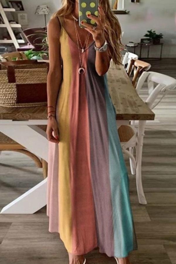 Womens Rainbow Sling Maxi Dress-Allyzone-Allyzone