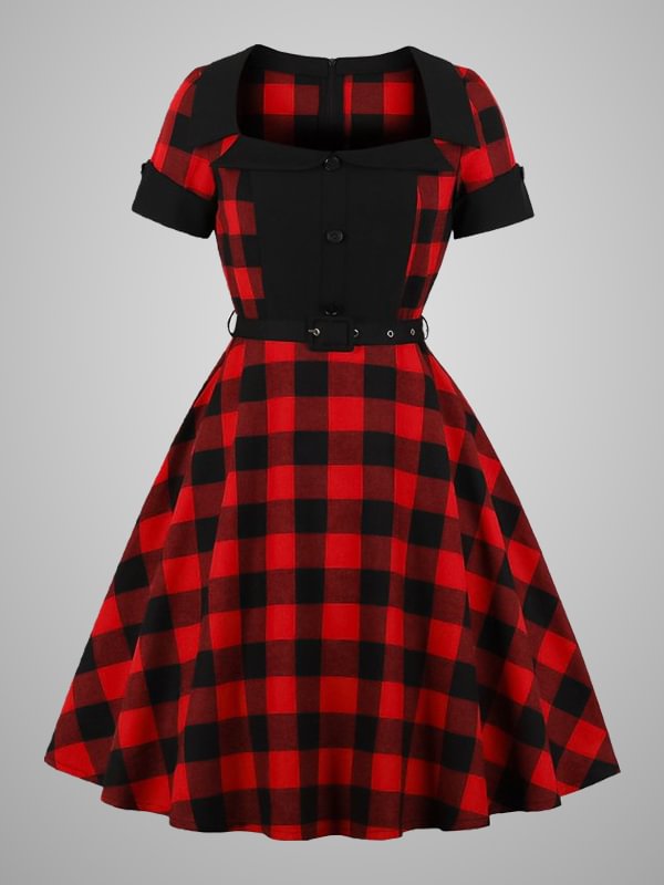 Vintage College Style Plaid Color Block Buttoned Paneled Belt Square Collar Short Balloon Sleeve Swing Dress