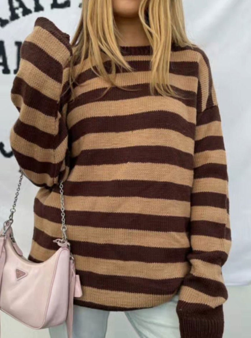 Striped Pattern Long Sleeve Casual Round Neck Pullover-Corachic