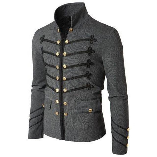 Men Gothic Vintage Fit Slim Coat Patchwork Button Outwear European Medieval Style Classic Jacket Steampunk Army Coat-Corachic